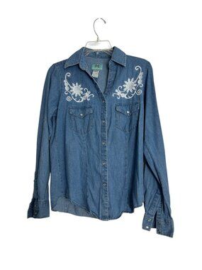 South Main Denim Shirt Size Small Embroidered Flowers Blue Pearl Snap Cotton